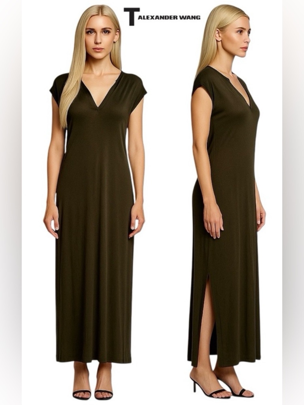 T by Alexander Wang Maxi Midi Dress M L Dark Olive Green Side Slits Boho Relaxed